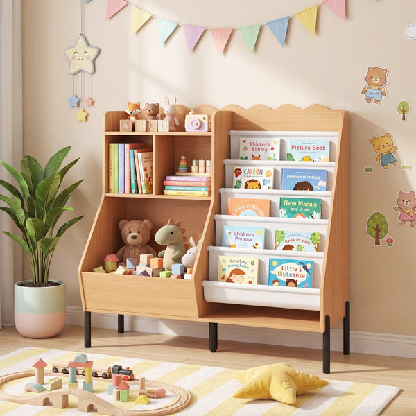 Children's bookcase and toy storage organizer wooden bookshelf with 5 fabric pockets - Natural