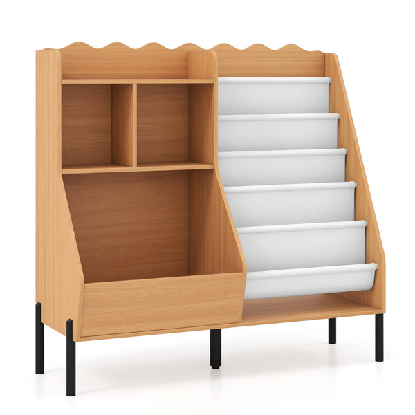 Children's bookcase and toy storage organizer wooden bookshelf with 5 fabric pockets - Natural