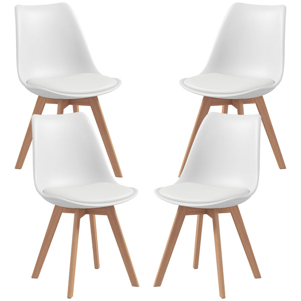Set of 4 modern rubberwood chairs with faux leather cushions, white