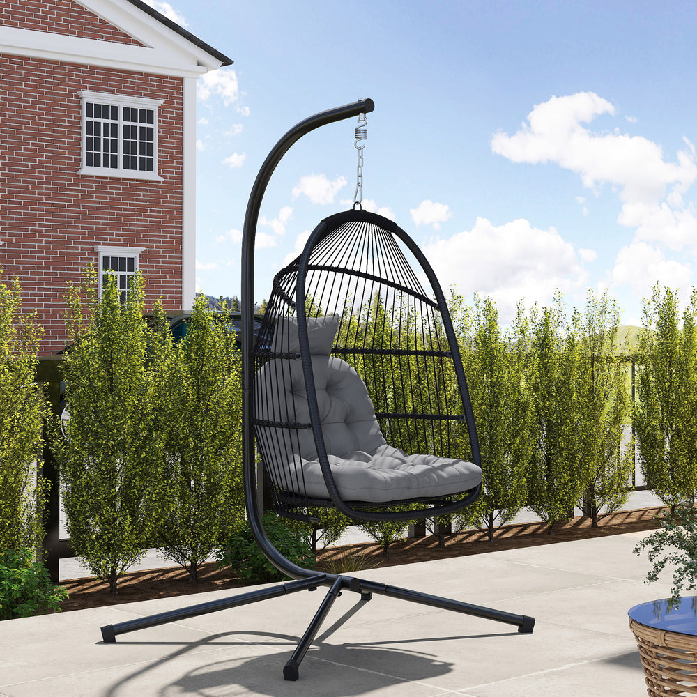 Wicker swing chair with stand, foldable and hanging, UV-resistant cushion and headrest, dark grey