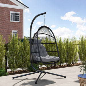 Wicker swing chair with stand, foldable and hanging, UV-resistant cushion and headrest, dark grey