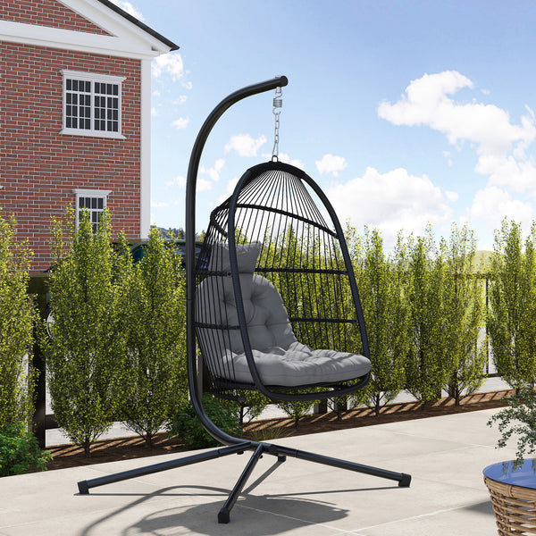 Wicker swing chair with stand, foldable and hanging, UV-resistant cushion and headrest, dark grey