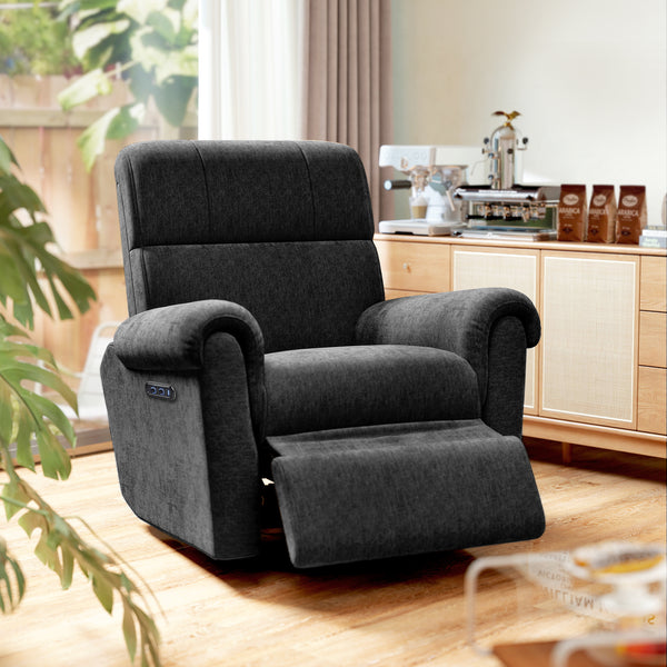 Electric reclining chair, fabric upholstery, USB ports, swivel and rocking function, footrest, black