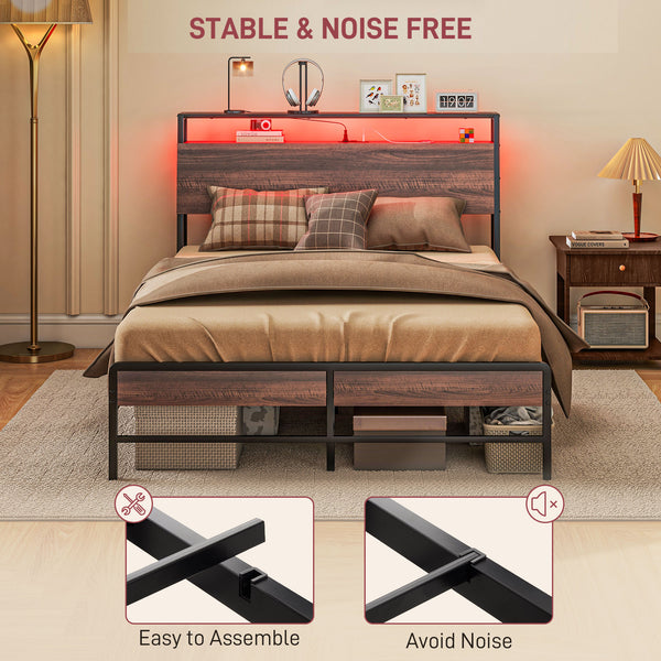 Double bed frame with LED lighting and charging station, walnut