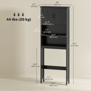 Modern over-the-bathroom storage unit with open shelves and double-door cabinet, black