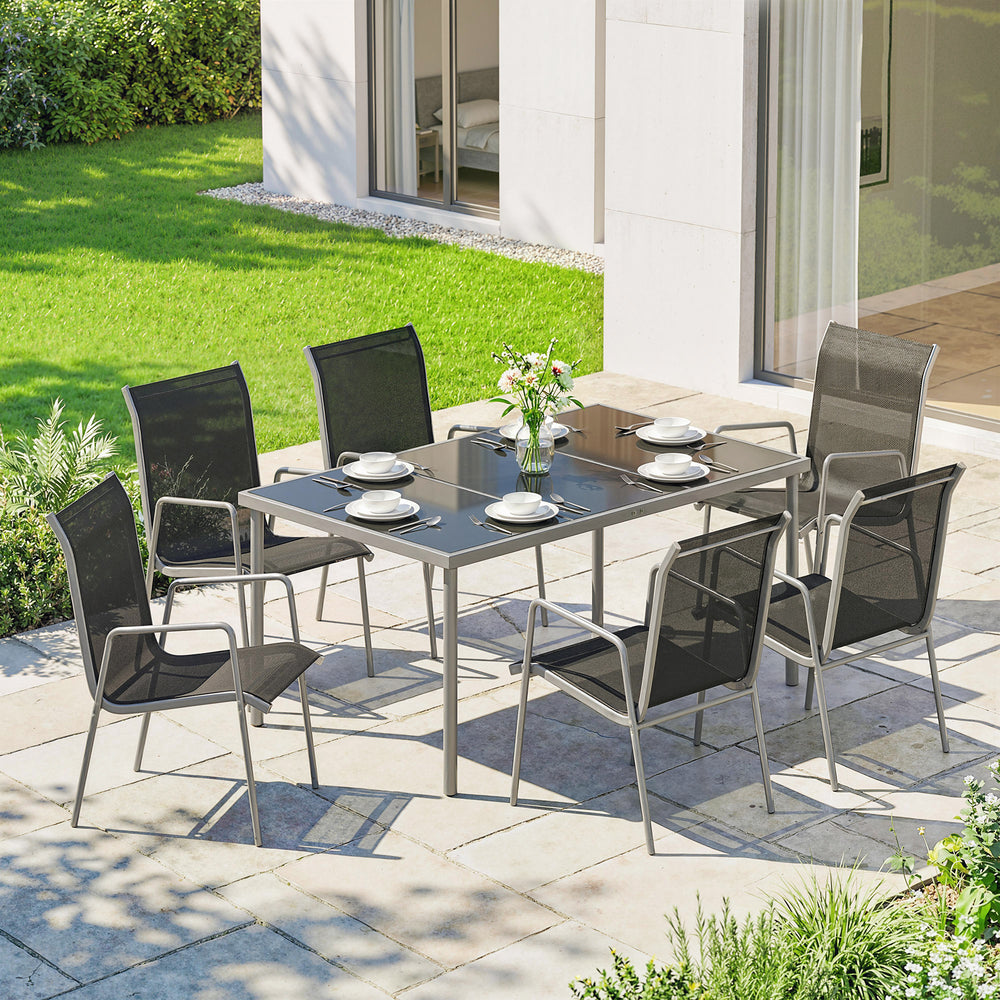 7-piece garden dining set, including a rectangular table and 6 stackable chairs.