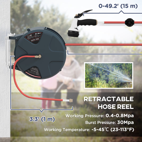 15m Wall Mounted Automatic Garden Hose Reel with 8 Jet Nozzle