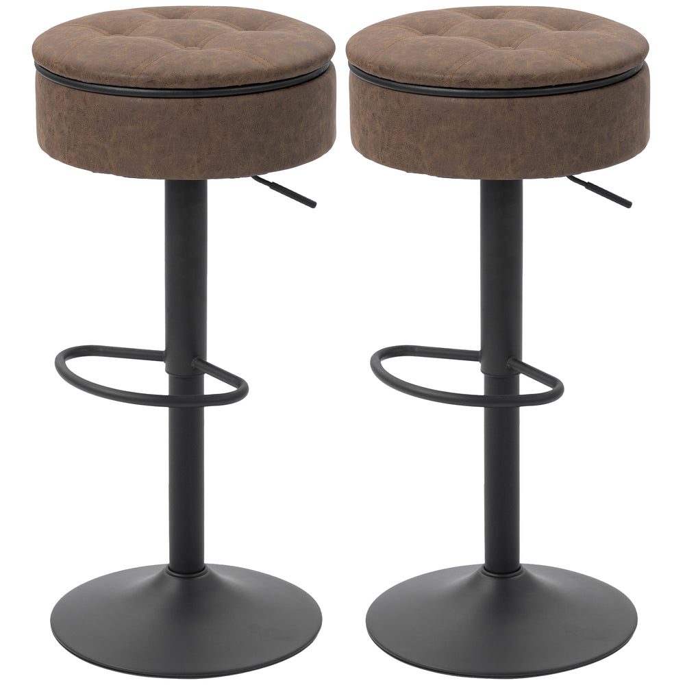 Set of 2 swivel bar stools with storage, faux leather upholstery, footrest, steel base, brown