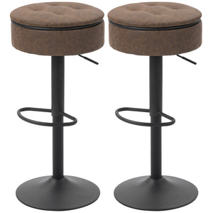 Set of 2 swivel bar stools with storage, faux leather upholstery, footrest, steel base, brown