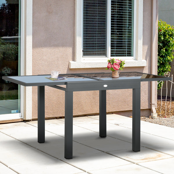 Extendable garden table with aluminum frame and tempered glass top, black