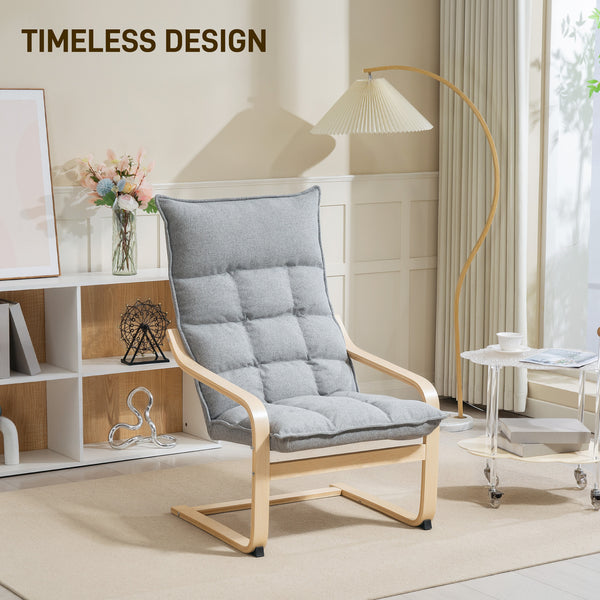 Modern upholstered armchair with curved legs and armrests, light grey