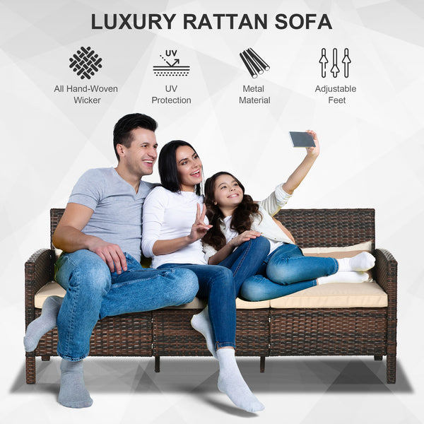 Three-seater sofa in woven resin with removable cushions, brown