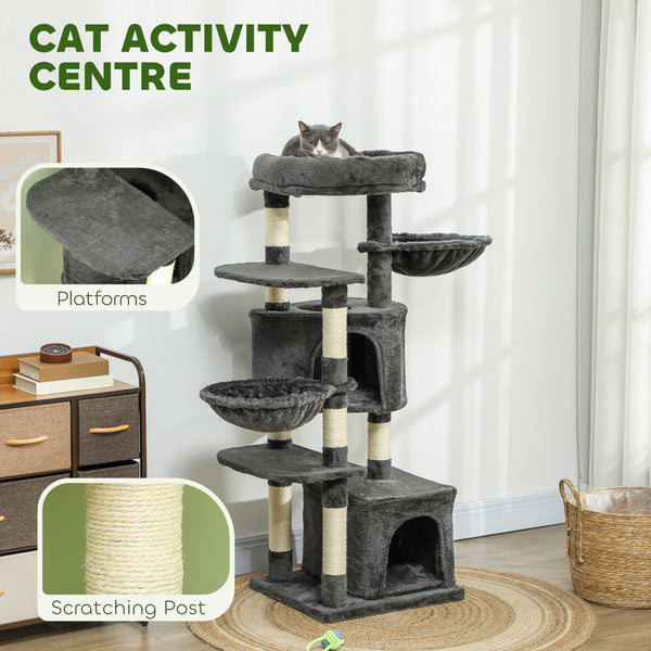 52.5" Cat Tree with Scratching Posts, Condos, Bed, Platforms and Hammocks, Dark Gray