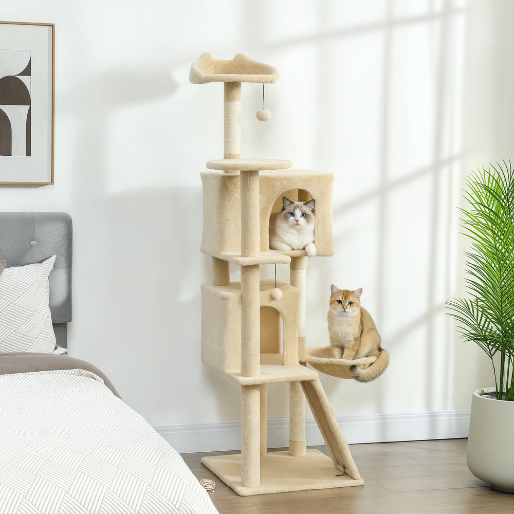160cm Cat Tree with Scratching Posts, Cabins, Soft Perches, Hammock, Ladder, Beige