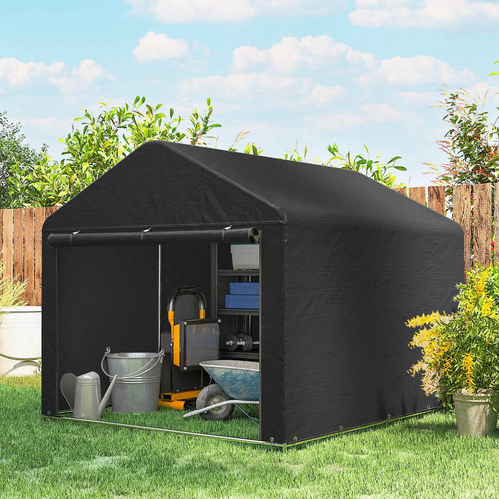 Waterproof portable garden shed with roll-up zippered door, black