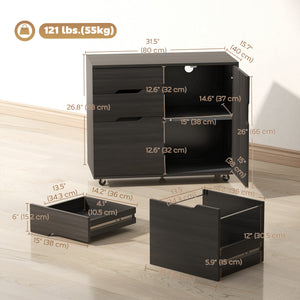 Black wood-effect mobile filing cabinet with file drawer and adjustable storage, dark grey