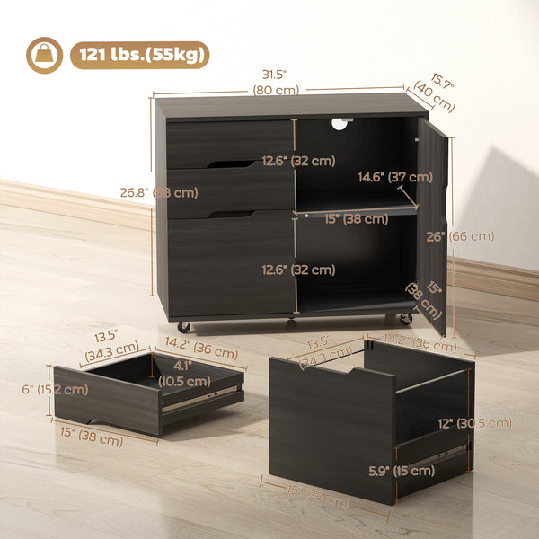 Black wood-effect mobile filing cabinet with file drawer and adjustable storage, dark grey