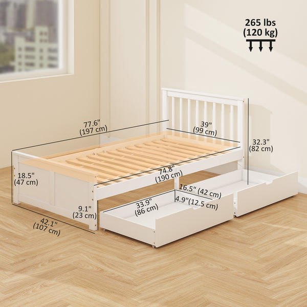 Pine Single Bed Frame with Storage and Drawers, White