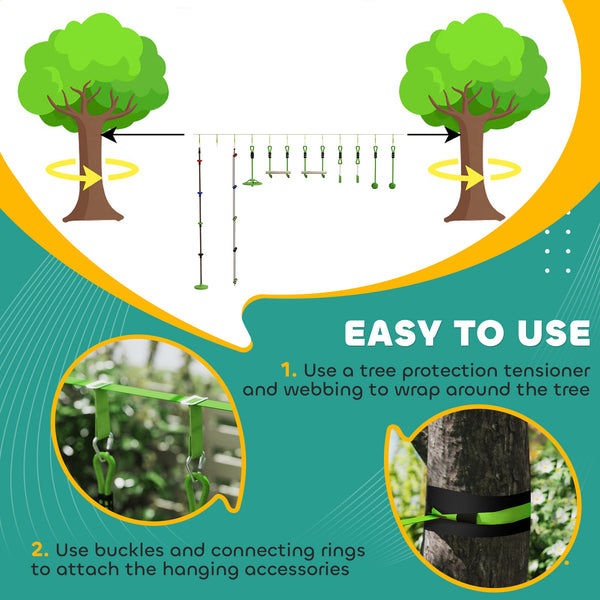 Qaba Obstacle course for Kids, with 10-Piece Slackline Kit with Monkey Bars, Gym Rings, Rope Ladder, Nest Swing, Hanging Tray