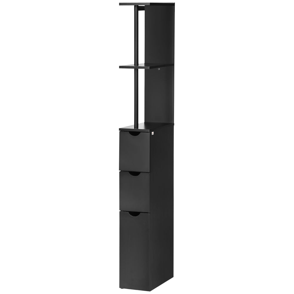Narrow bathroom storage cabinet with drawers and open shelves for small spaces, black