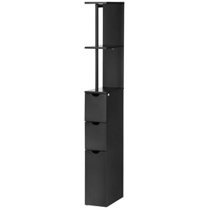 Narrow bathroom storage cabinet with drawers and open shelves for small spaces, black