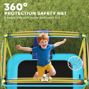 Trampoline with slide, swing, basketball hoop and safety net, light blue 