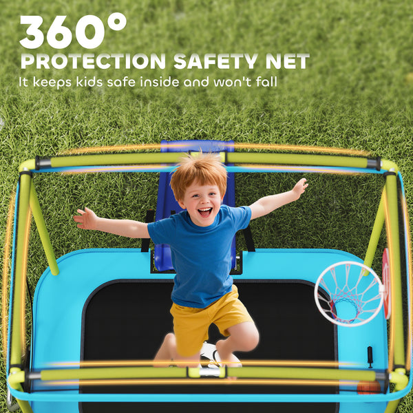Trampoline with slide, swing, basketball hoop and safety net, light blue 