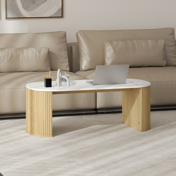 Modern marble effect coffee table with rounded corners and thick legs, natural wood