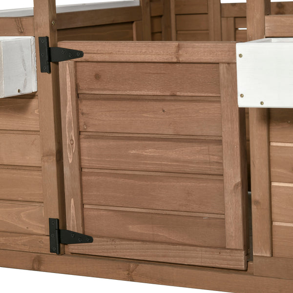 Wooden playhouse with planter, working door and windows, brown
