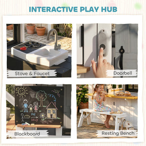 Wooden playhouse for children with cat flap, kitchen utensils, blackboard, bench, and doorbell