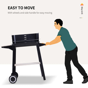 Charcoal barbecue with side shelves, storage shelf and wheels