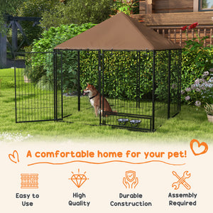 Dog kennel with canopy and swivel bowls, coffee color