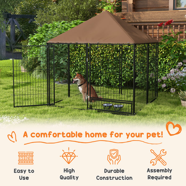 Dog kennel with canopy and swivel bowls, coffee color
