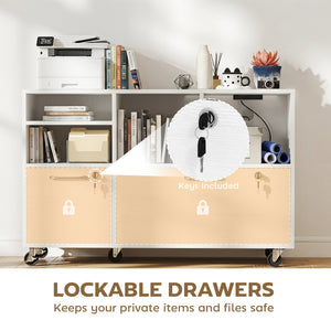 Wood-effect mobile filing cabinet with charging station and locking drawers, white