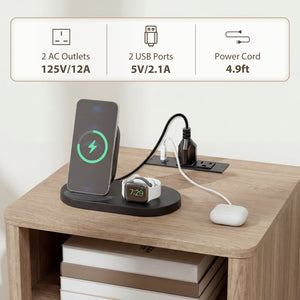 Ensemble de 2 tables de chevet modernes avec station de recharge, 2 tiroirs et une étagère ouverte, grises