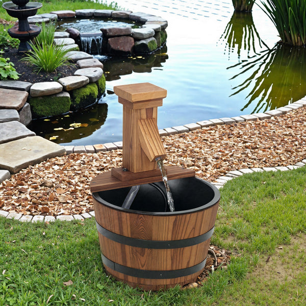 Outdoor cascading fountain, wooden barrel