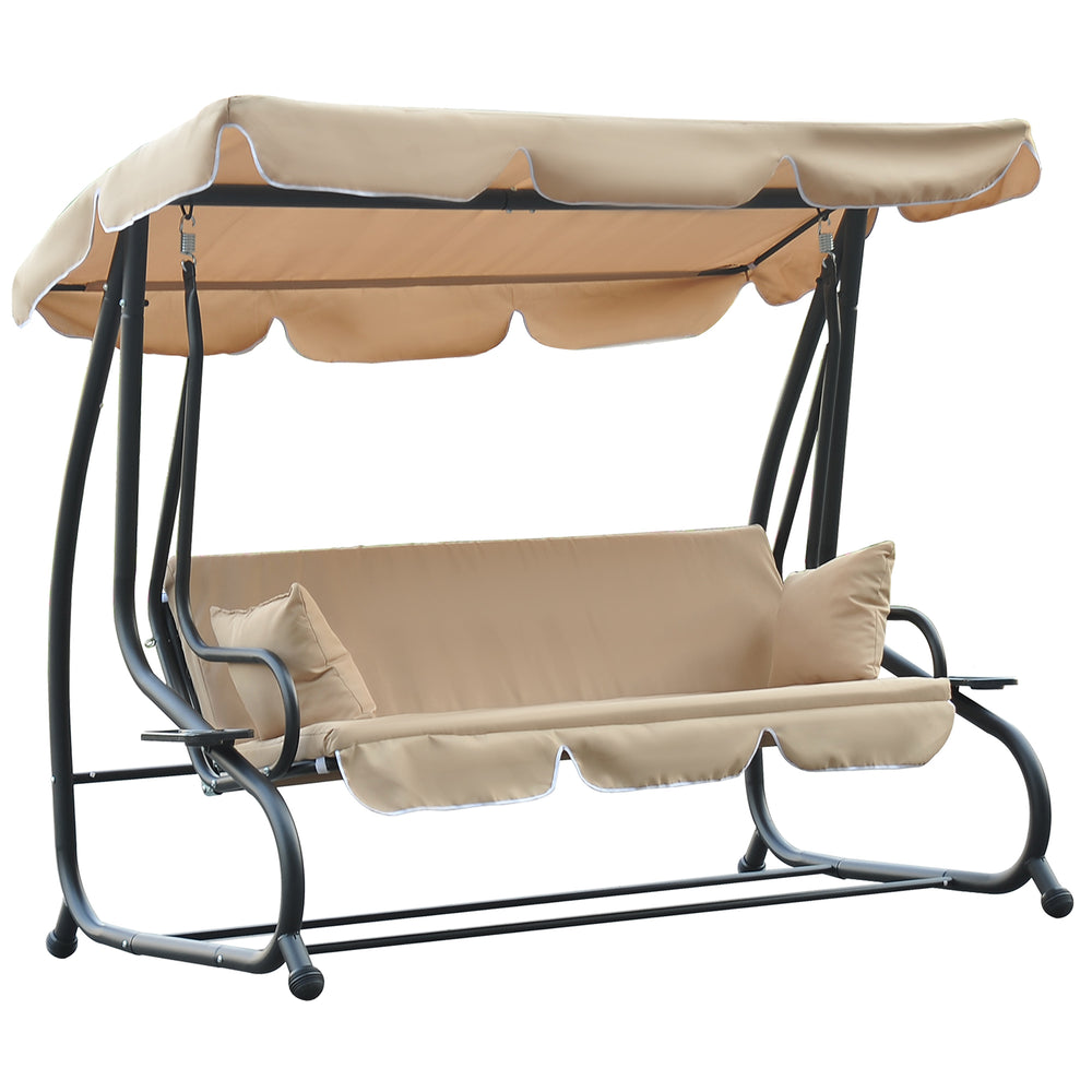 3-seater outdoor swing, convertible into a bed, removable cushions and cup holder, beige