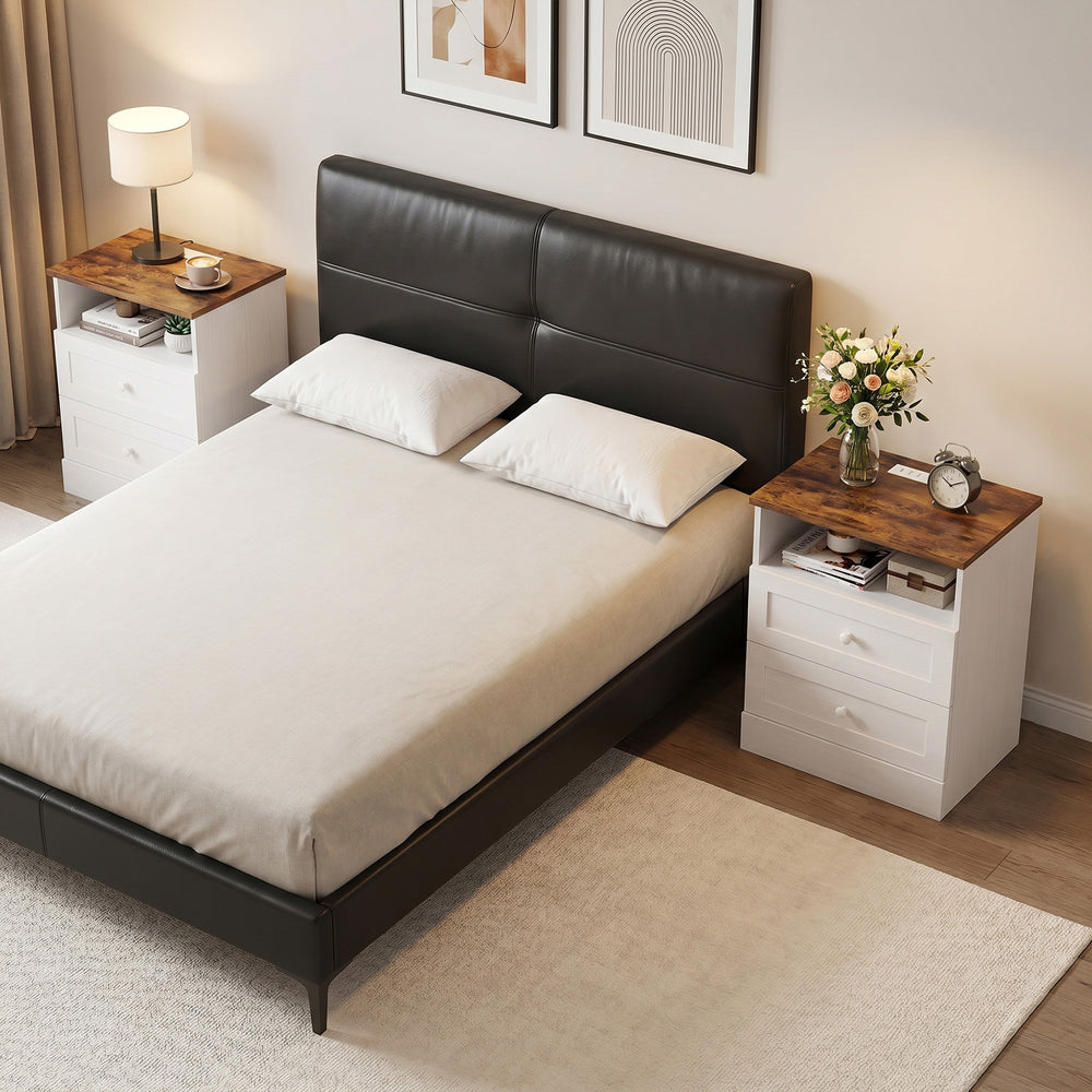Nightstand with charging station and 2 drawers, set of 2, white and oak