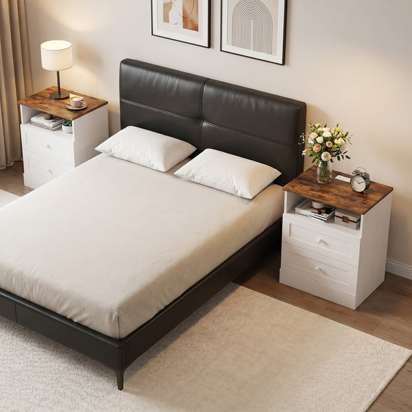Nightstand with charging station and 2 drawers, set of 2, white and oak