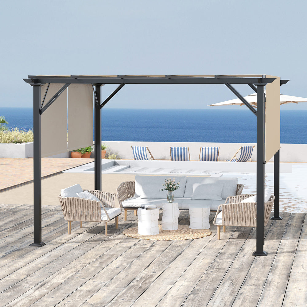 10 x 12 pergola with retractable roof, steel frame and posts, beige