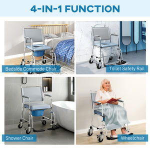 4-in-1 wheeled shower chair with padded seat and pail – Gray