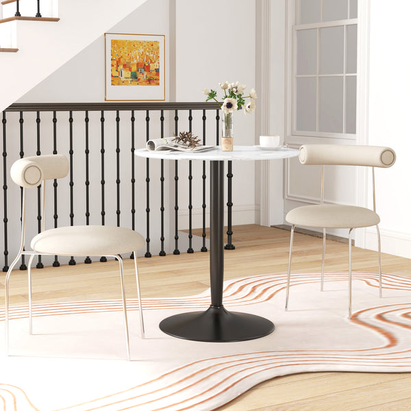 Modern kitchen table for 2, round with steel base, white marble