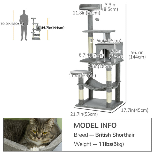 Large 142cm Multi-Level Cat Tree with Hammock, Basket &amp; Sisal Scratching Posts, Grey