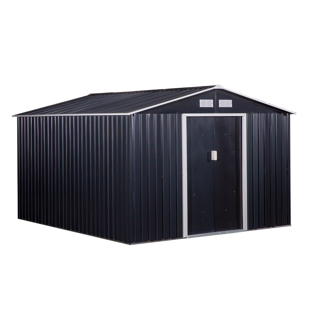 Metal garden shed with double sliding doors and 4 vents, dark grey