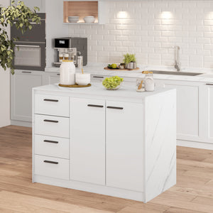Kitchen island with storage unit, 4 drawers and adjustable shelf in marble effect and white