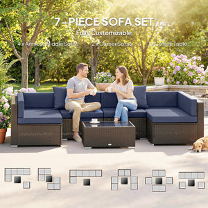 7-piece braided resin garden set with coffee table, rattan corner sofa, navy blue
