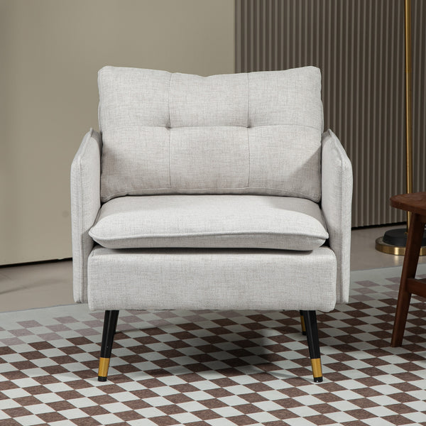 Modern upholstered accent chair with tufted back and steel legs, cream white