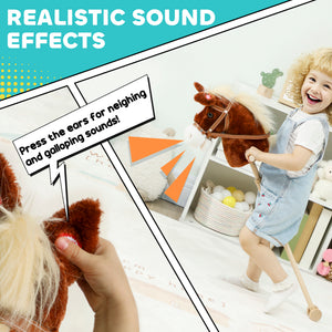 Plush horse with wooden wheels, whinnying and galloping sounds, brown