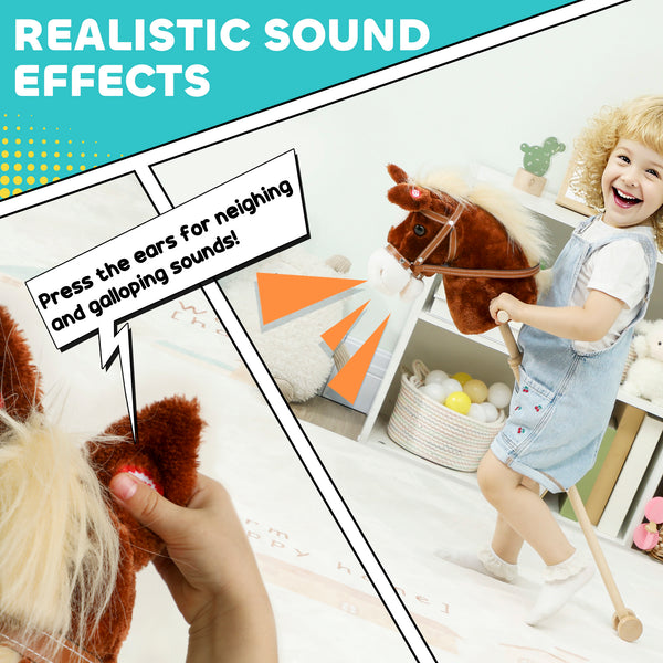 Plush horse with wooden wheels, whinnying and galloping sounds, brown