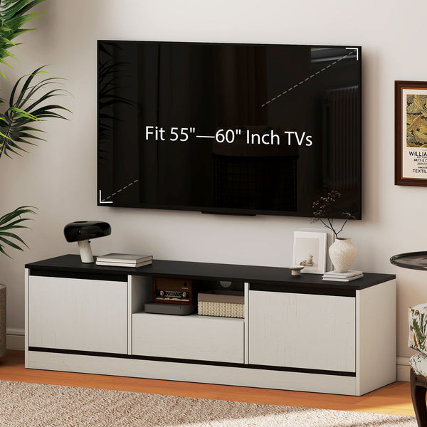 TV stand for 55-60 inch TVs with cupboards, shelf and drawer, white